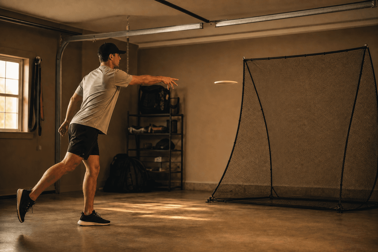 Discgolfspiller i repetitionstræning mod træningsnet hjemme