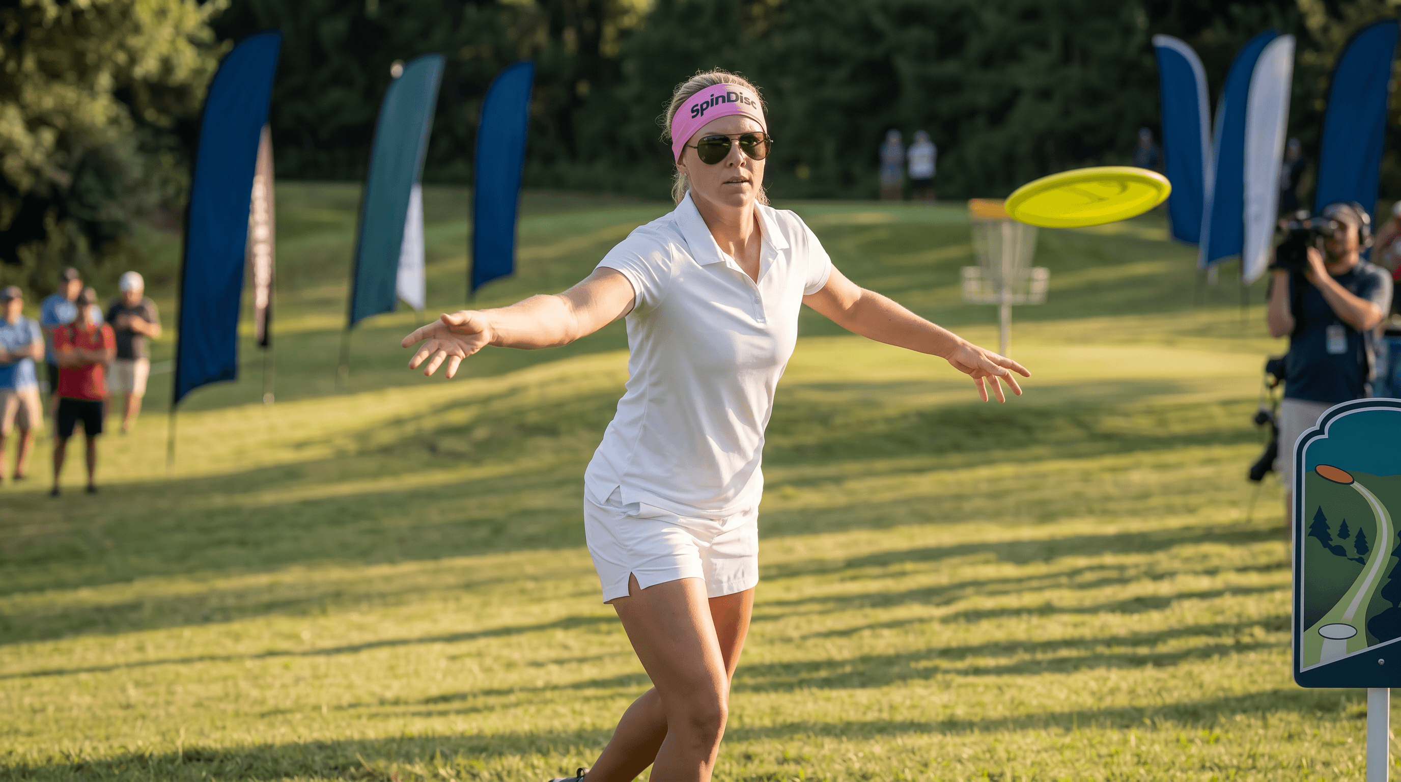 Discgolfspiller med Spindisc-headband i kast